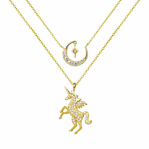 Real gold plated unicorn pendant two layers 5A zircon moon necklace 